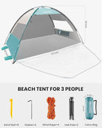 OutdoorMaster Beach Tent Sun Shelter with 2 Ventilated Doors, UPF50+ Easy Setup Beach Tent Canopy for 3 Person, Lightweight & Portable Family Beach Umbrellas for Sand with Carrying Bag-Cancun Seashore