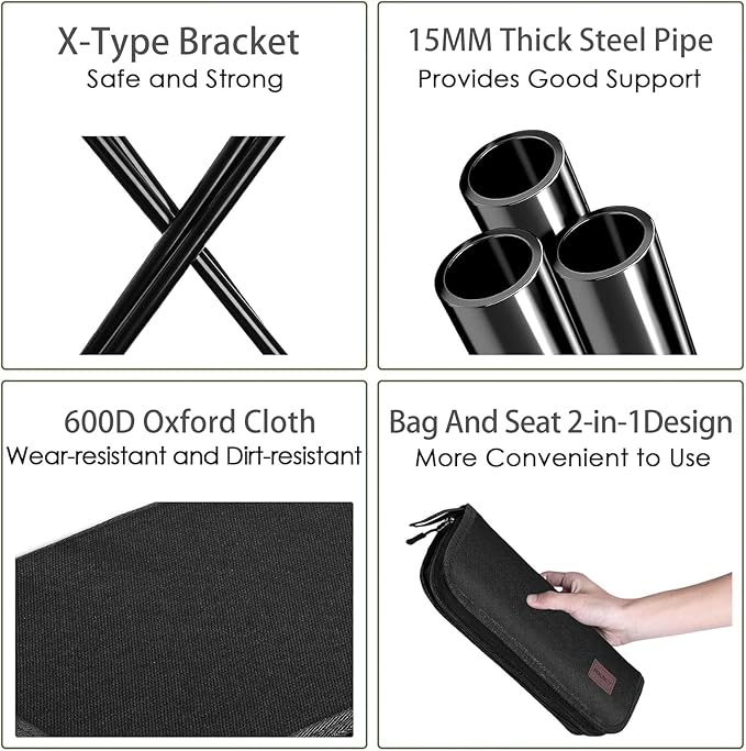 Hygite Portable Stool,10 Inch Small Folding Stool for Adults,Ultralight Black Camping Stools for Hiking and Fishing,Hold Up to 265 LBS