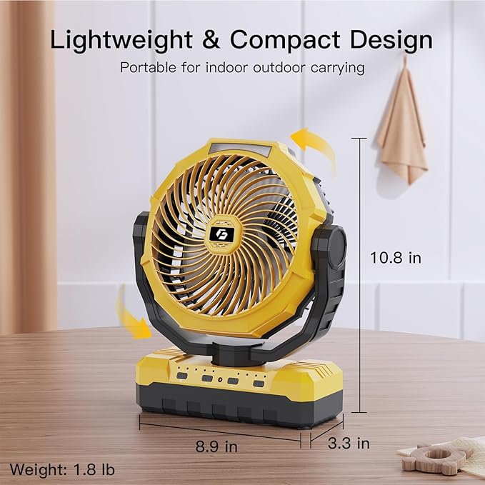 FRIZCOL 3-in-1 Camping Fan - Portable Fans Rechargeable - 24000mAh Battery Powered Fan(140Hrs) with Light & Remote for Indoor, Outdoor, Tent, Travel, BBQ, Fishing, Jobsite - Yellow