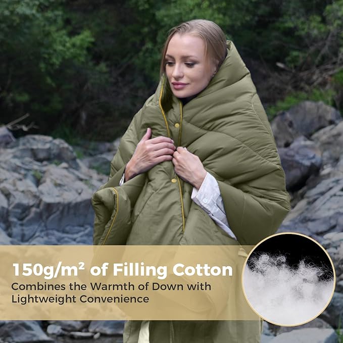 KingCamp Ultralight Camping Blanket, Packable Down Alternative Puffy Wearable Blankets Weatherproof Warm Package Quilt with Snap Buttons & Corner Loops for Outdoor Travel Stadium (69"L x 53"W, GREEN)