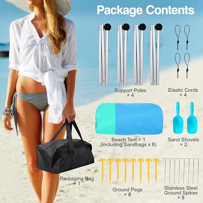 Rhino Valley Beach Tent Shade Canopy UPF50+ Protection, 8 Sandbags, 4 Stability Poles, Outdoor Sun Shelter Umbrella for Sand, Camping, Fishing Essentials