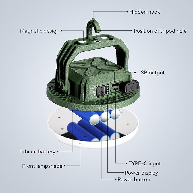 VAVOFO 30W LED Camping Lantern Rechargeable, 124 LED with 3 Lighting Modes, 3000LM, 7200mAh Portable Tent Light with Magnet, IP65 Waterproof for Emergencies, Outdoor and Indoor (Green)