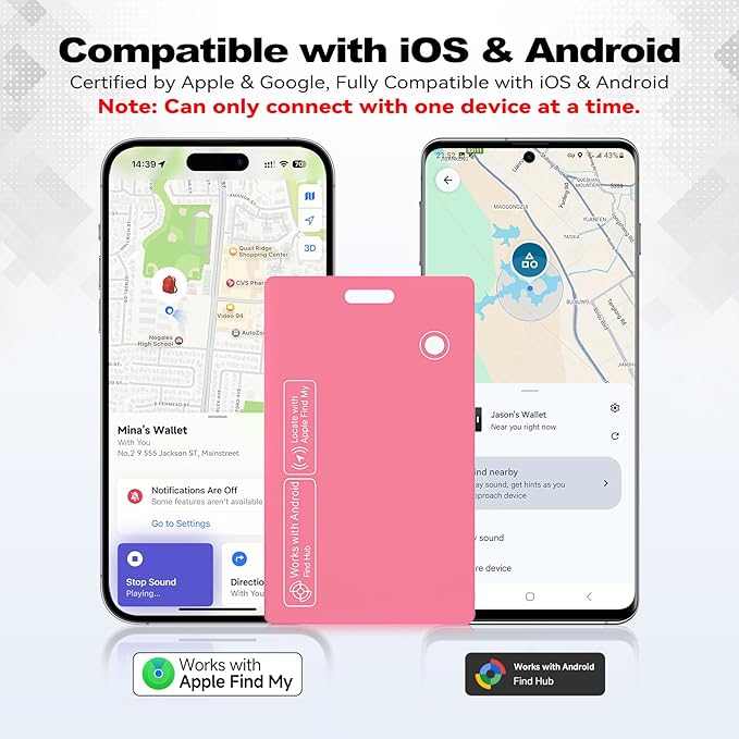 Dual Platform(Both iOS&Android) Rechargeable Air Tags Wallet Tracker Card, Smart Wallet Finder, Compatible with Apple Find My & Google's Find Hub, Item Locator, Wireless Charging (Pink-1 Piece)
