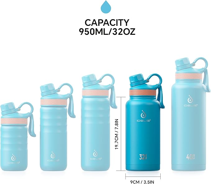 IDEUS Insulated Stainless Steel Water Bottle with 2 Leak-Proof Lids, Thermal Water Flask for Hiking Biking, 32oz, Blue Atoll
