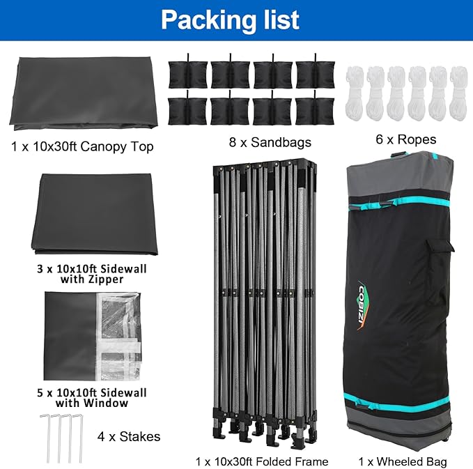 COBIZI 10x30 Pop up Canopy Tent 10x30 Canopy with 8 Sidewalls Waterproof Heavy Duty Commercial Tent for Parties Outdoor Garden Gazebo, Carry Bag with Wheel(10x30ft, Dark Black)