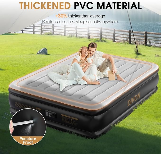 DIVON Air Mattress Queen with Built in Pump,Blow Up Mattress with Wave Pattern in 3 Mins,18'' Quick Inflatable Mattress, Luxury Airbed for Home&Camping,Black,660lbs