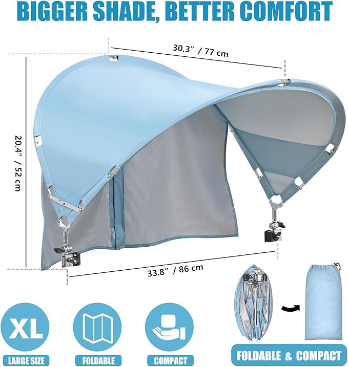 XL Universal Chair Canopy Umbrella, UPF 50+ Foldable Sun Shade Attachment with Adjustable Clamp, Fits Most Brands’ Beach, Camping, Lawn, Tanning, Zero Gravity, Lounge & Fishing Chairs