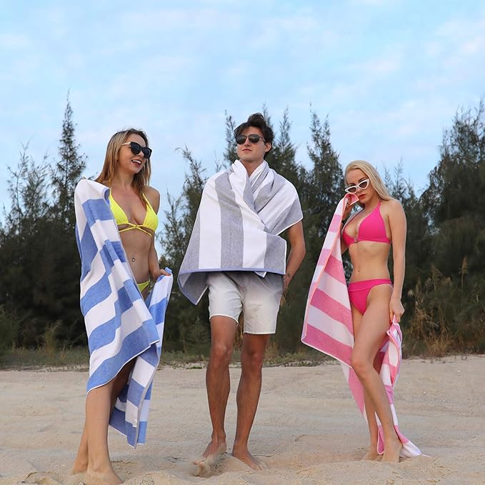 HENBAY Cotton Oversized Beach Towel - Large 70 x 35 Inch Pool Towel, Turquoise Striped Quick Dry Swimming Cabana Towel