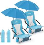 Homcosan Portable Low Folding Beach Chairs Set of 2 with Detachable Umbrellas - Lightweight Camping Chairs for Adults with Cup Holder & Storage Pockets, Carry Bag Included (Blue)