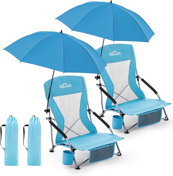 Homcosan Portable Low Folding Beach Chairs Set of 2 with Detachable Umbrellas - Lightweight Camping Chairs for Adults with Cup Holder & Storage Pockets, Carry Bag Included (Blue)