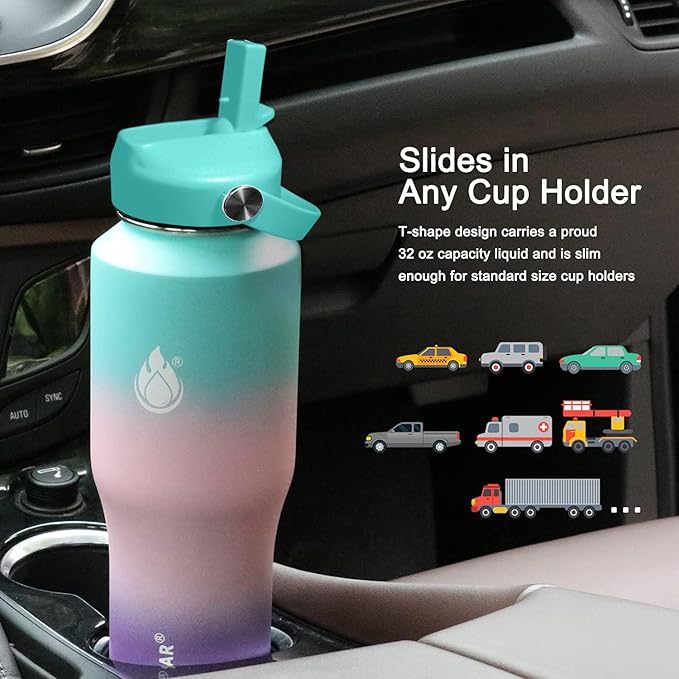 SENDESTAR 32oz Water Bottle Wide Mouth Stainless Steel Vacuum Insulated Double Wall with 2 Straw Lids Fit in Any Car Cup Holder TXIN-32-HG-1