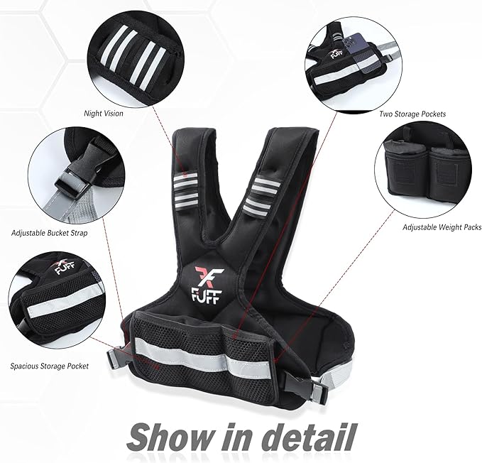 FUFF weighted vest woman 4–10 lb/11–20 lb/20–32 lb Unisex with 6 Weight Bags, Reflective Adjustable Weighted Vest for Walking, Exercise and Strength Training