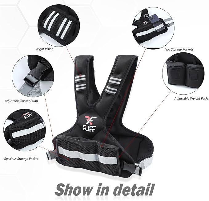 FUFF weighted vest woman 4–10 lb/11–20 lb/20–32 lb Unisex with 6 Weight Bags, Reflective Adjustable Weighted Vest for Walking, Exercise and Strength Training