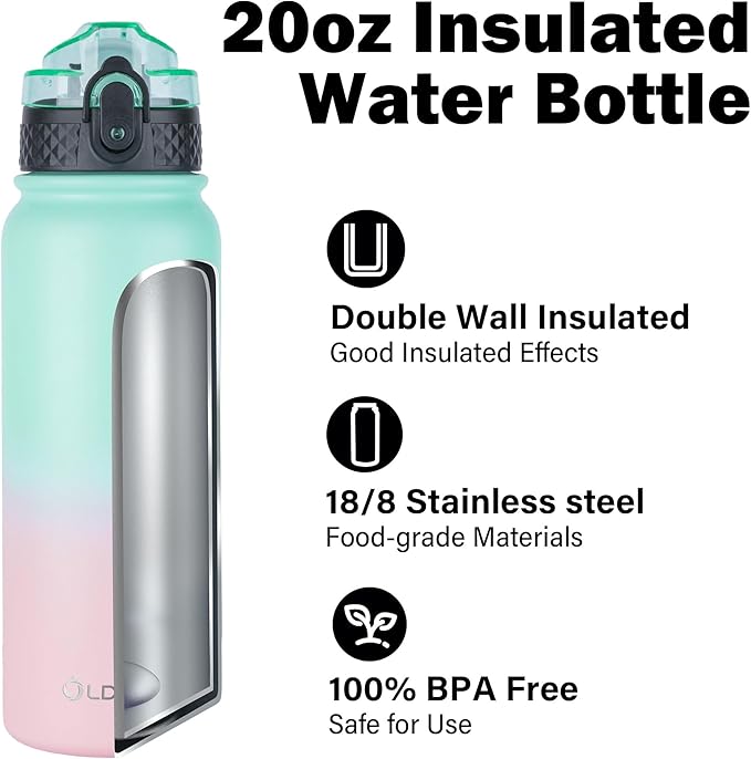 Insulated Water Bottle 20oz for Adults Kids Stainless Steel Water Bottles with Straw/Chug/Carabiner 3 Lids Fruit Strainer Double Wall Vacuum Wide Mouth BPA Free Sweat/Leak-Proof for School Travel