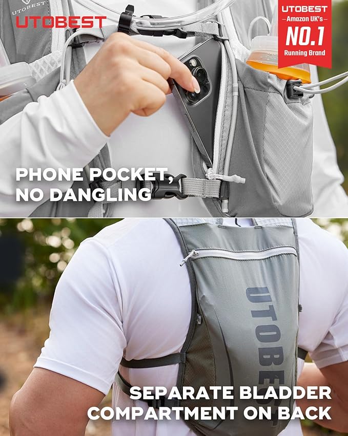 UTOBEST Running Vest, 5L Hydration Vest Lightweight, Breathable and Sweatproof Running Backpack, Adjustable Running Hydration Vest for Trail Running Marathon Race Jogging Cycling