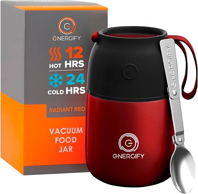 ENERGIFY Vacuum Insulated Food Jar. Large 17oz Bowl incl. Folding Spoon, Cup. Wide Mouth Keep Hot & Cold Drinks Soup Lunch Container for Adults. BPA-Free Stainless Steel, Leak Prooff Radiant red