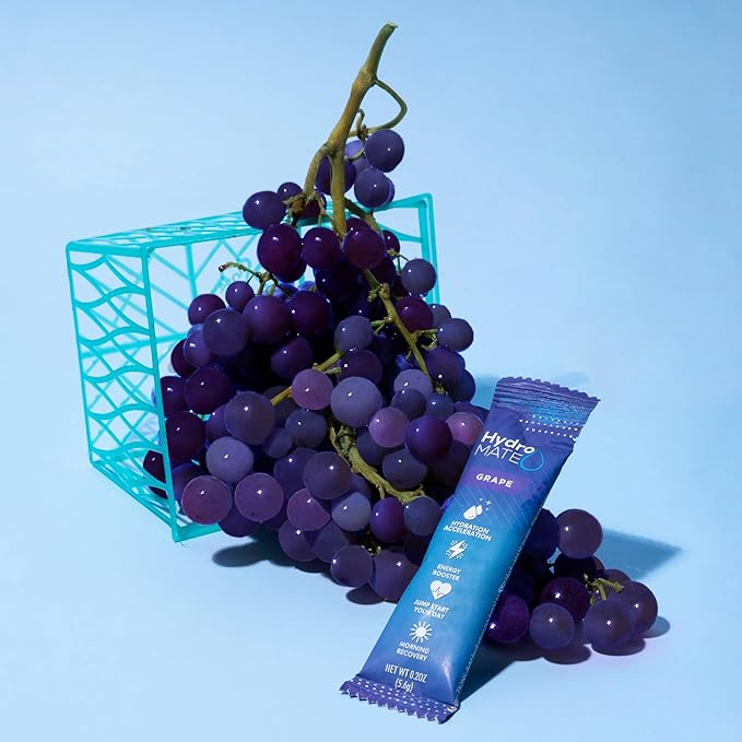 HydroMATE Electrolytes Powder Drink Mix Packets Hydration Accelerator Low Sugar Rapid Party Relief Recovery Vitamin C Plus Caffeine Grape Pack 30 Count