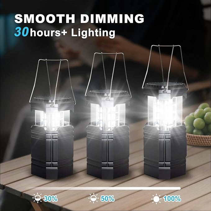 Camping Lantern Rechargeable, Solar & USB C Powered 2-in-1 Flashlight &Tent Light, Emergency Camping Light, Hanging Lanterns for Power Outages, Black 4 Pack