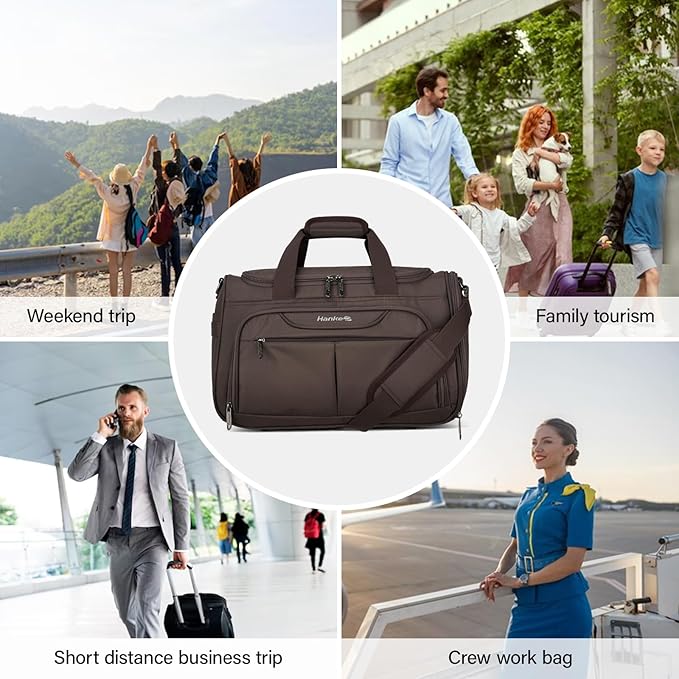 Hanke Small Travel Duffel Bag, Under Seat Carry On Personal Item Bag with 11 Pockets, Lightweight Water Resistant Foldable Weekender Bag with Trolley Sleeve for Travel Gym Daily Use（Coffee）