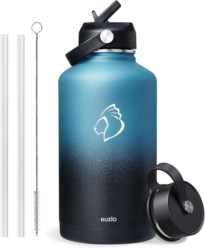 BUZIO Insulated Water Bottle with Straw Lid and Flex Cap, 64oz Double Wall Vacuum Stainless Steel Water Thermo Wide Mouth Lid, Cold for 48 Hrs Or Hot for 24 Hrs Sweat Proof Flask, Indigo Crush