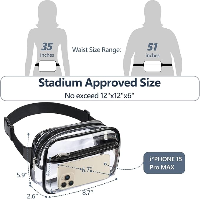 Packism Clear Fanny Pack Stadium Approved - 2-Pack Plus Size 35-51 inches Adjustable Strap Clear Belt Bag for Women Men Transparent Waist Bag for Concerts, Sporting Events, Black