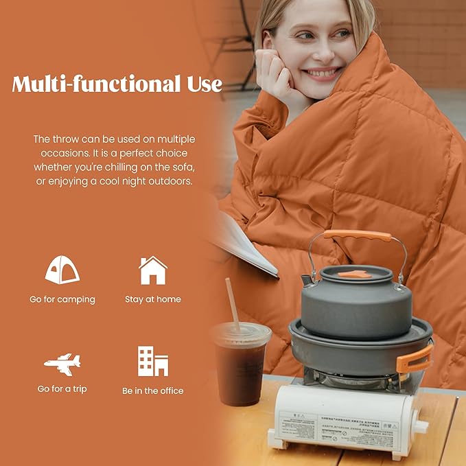 puredown® Upgraded Feather Down Throw Blanket – 12oz Enhanced Filling for Better Warmth & Comfort, Lightweight & Packable, 50" x 70", Burnt Orange