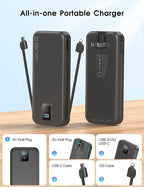 Portable Power Bank, 12000mAh 22.5W Fast Charging Phone Charger with Built-in Cables & Wall Plug, Travel Essential Battery Pack with LED Display, USB C Battery Charging Bank for iPhone, Samsung Black