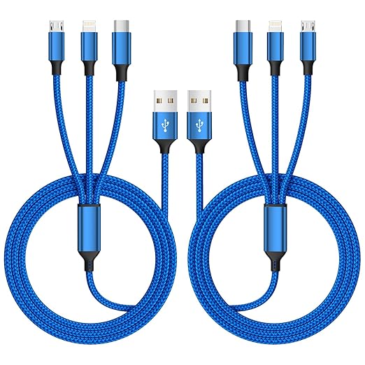 Multi Charging Cable(2Pack 4FT), Nylon Braided 3 in 1 Universal Phone Charger Fast Charging with Type-C/Micro USB and IP Port, Compatible with Most Cell Phones（Blue）