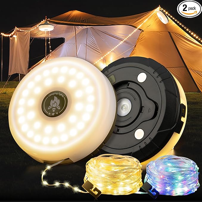 2-Pack Camping String Lights - 4 in 1 Outdoor Camping Lantern with 8 Lighting Modes(32.8Ft), Quick 30s Recovery, Waterproof, Type-C Fast Charging, Portable Camping Lights for Camping/Yard/Hiking