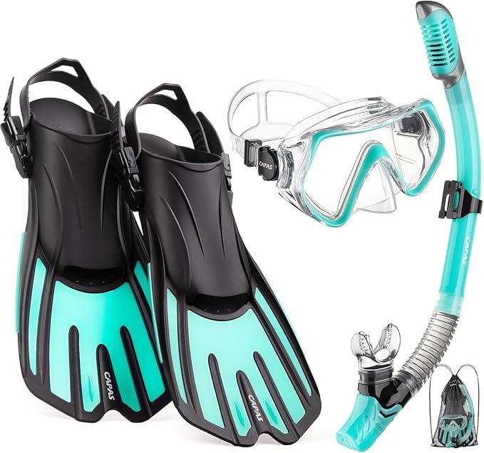 CAPAS Snorkel Mask Fins Set, Travel Size Snorkeling Gear for Adults with Adjustable Fins, Diving Mask and Dry Top Snorkel, Come with a Carrying Bag