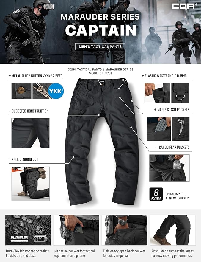 CQR Men's Flex Ripstop Tactical Pants, Water Resistant Stretch Cargo Pants, Lightweight EDC Hiking Work Pants