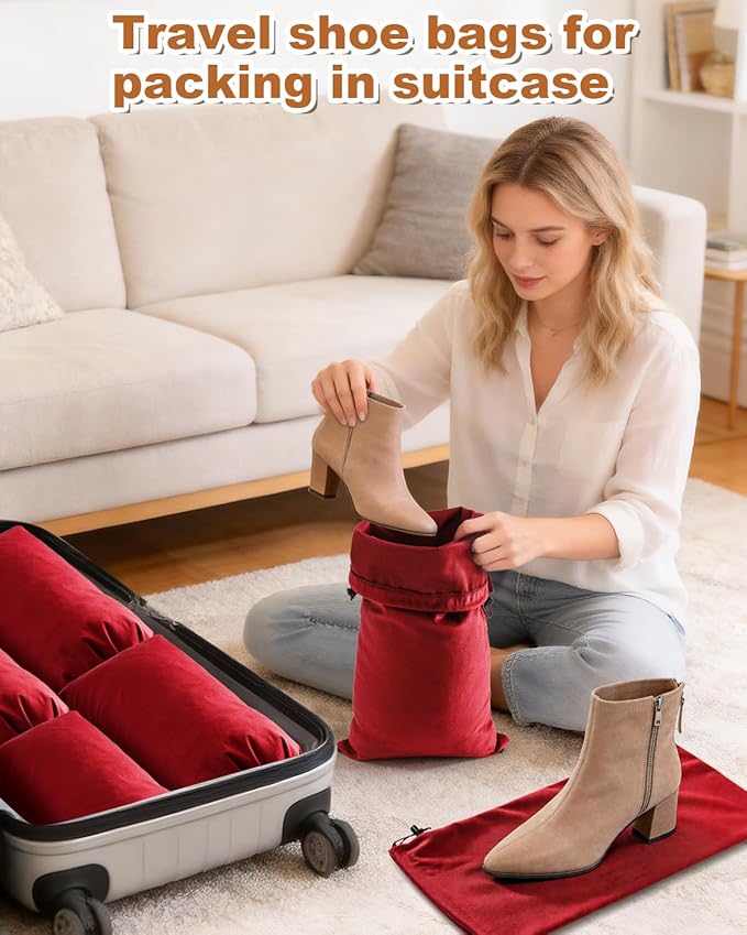 2 Pcs Single Shoe Bags for Travel, 17.3"x8.6" Washable Travel Shoe Bags for Packing in Suitcase, Velvet Dust Bag with Drawstring, Shoe Pouch for Women and Men, Travel and Home Storage (Rio Red)