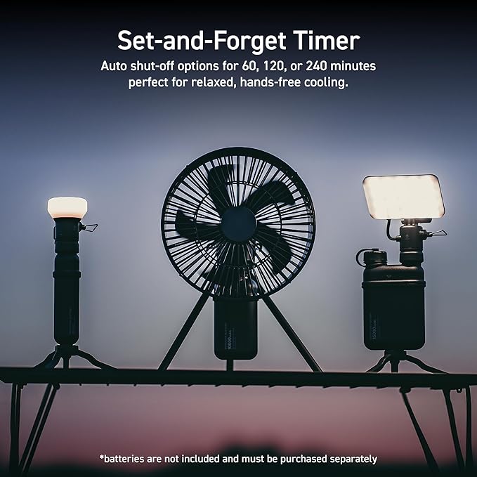 NESTOUT Outdoor Camping Fan with Tripod, 4 Speed Settings & Breeze Mode, 3 Angle Oscillation, 90° Adjustable Tilt, Timer (30/60/90 mins), USB C Compatible, Portable Tent Fan (Black Full Kit)