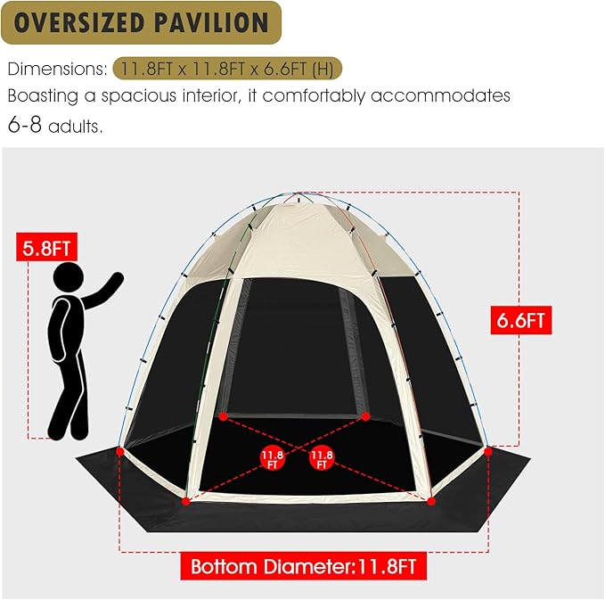 Screen Tent with Removable Floor, Siebwin Large 11.8'x11.8' Gazebos with Mosquito Netting and Removable Floor Sunproof Outdoor Canopy Tent for Backyard Khaki Party Outside Activities, Khaki