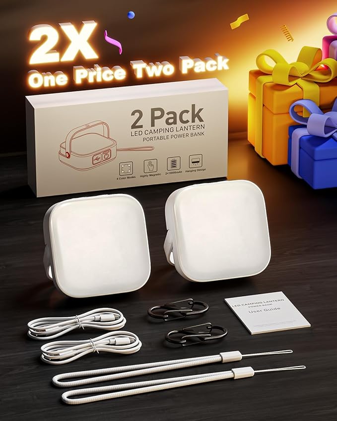 Eventek 2Pack 20000mAh Camping Lights, Camping Lantern Rechargeable Total Up to 288H & 4 Lights Modes, Portable IP65 Waterproof Tent Lights for Camp, Outdoor, Power Outages Emergency, Hurricane