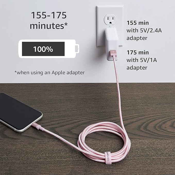 Amazon Basics USB-A to Lightning Cable, Apple MFi Certified, Nylon Braided Cord for iPhone 14 13 12 11 X Xs Pro, Pro Max, Plus, iPad, High Speed Transfer, 6 Foot, Rose Gold