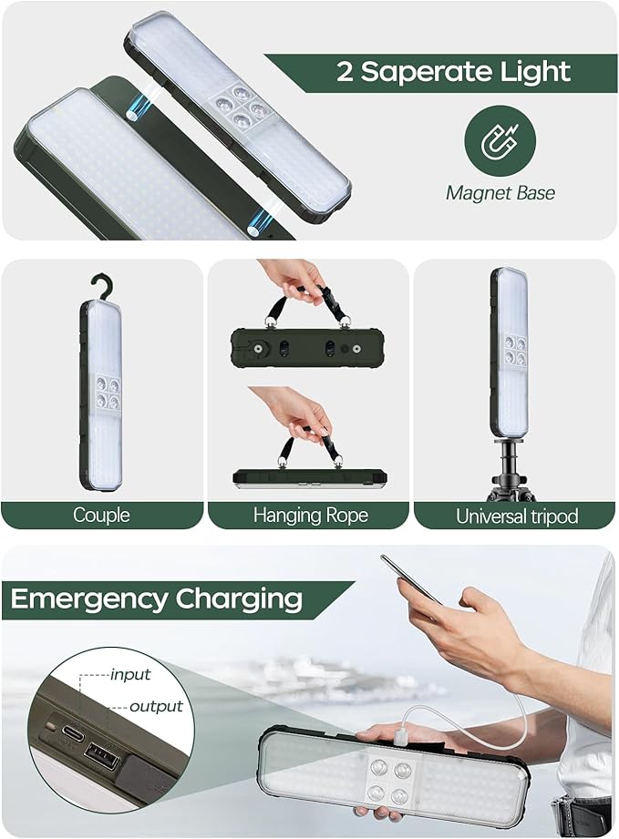 10000lm Dimmable Rechargeable Work Light, 15000mAh Detachable Camping Work Light 72'' Telescopic with 2 Separate Lights, 2 Charge Ways Type C & Solar Powered