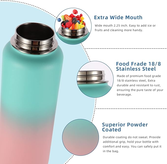 Volhoply Insulated Water Bottles Bulk 4 Pack, 40 oz Stainless Steel Double Walled Vacuum Travel Water Cups with Wide Mouth, Reusable Large Water jug with Paracord for Hiking(Green Pink,4 Set)