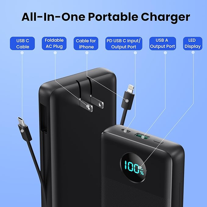 Portable Charger USB C Power Bank with 2 Built in Cables & AC Wall Plug,13800mAh Portable Battery Pack Fast Charging Compact LED Display Universal Compatible with iPhone 16/15,Galaxy S23,Tablets etc