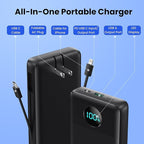 Portable Charger USB C Power Bank with 2 Built in Cables & AC Wall Plug,13800mAh Portable Battery Pack Fast Charging Compact LED Display Universal Compatible with iPhone 16/15,Galaxy S23,Tablets etc