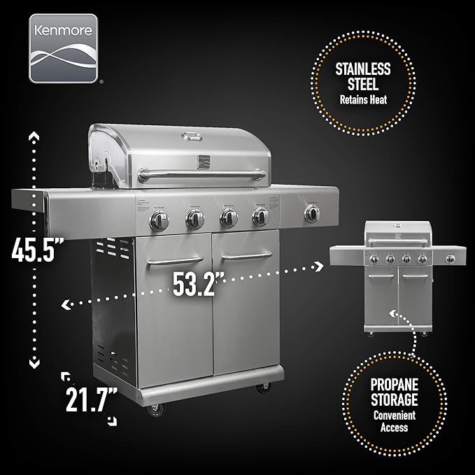 Kenmore 4-Burner BBQ Gas Grill with Searing Side Burner, Stainless Steel Propane Grill, 52,000 BTUs, Cabinet Style, Includes Warming Rack, Electronic Ignition & Stainless Steel Cooking Grates