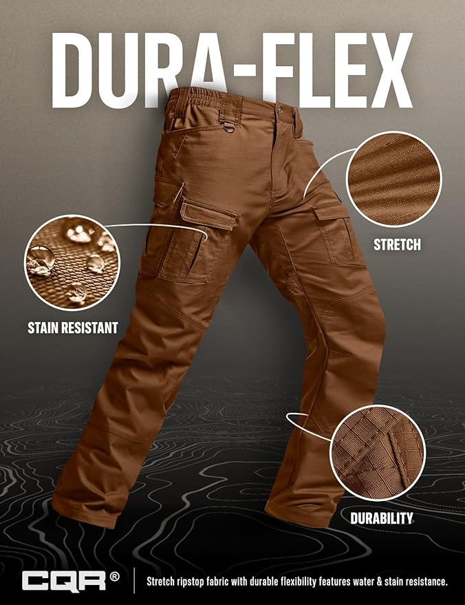 CQR Men's Flex Ripstop Tactical Pants, Water Resistant Stretch Cargo Pants, Lightweight EDC Hiking Work Pants