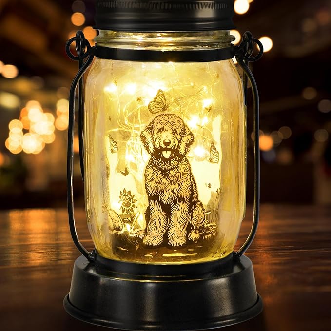 kyoryuger Goldendoodle Gifts for Women/Men Poodle Solar Lanterns Dog Mom Birthday Dog Lovers Lantern Pet Loss Pet Memorial Lights Solar Garden Decoration for Yard, Patio,Backyard,Porch Torches
