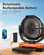3-in-1 Camping Fan - Detachable Rechargeable Battery Operated Fan with Light & Hook for Tent, Outdoor - USB Table Fan with 4 Speeds for Picnic, BBQ, Fishing, Travel, Hurricane