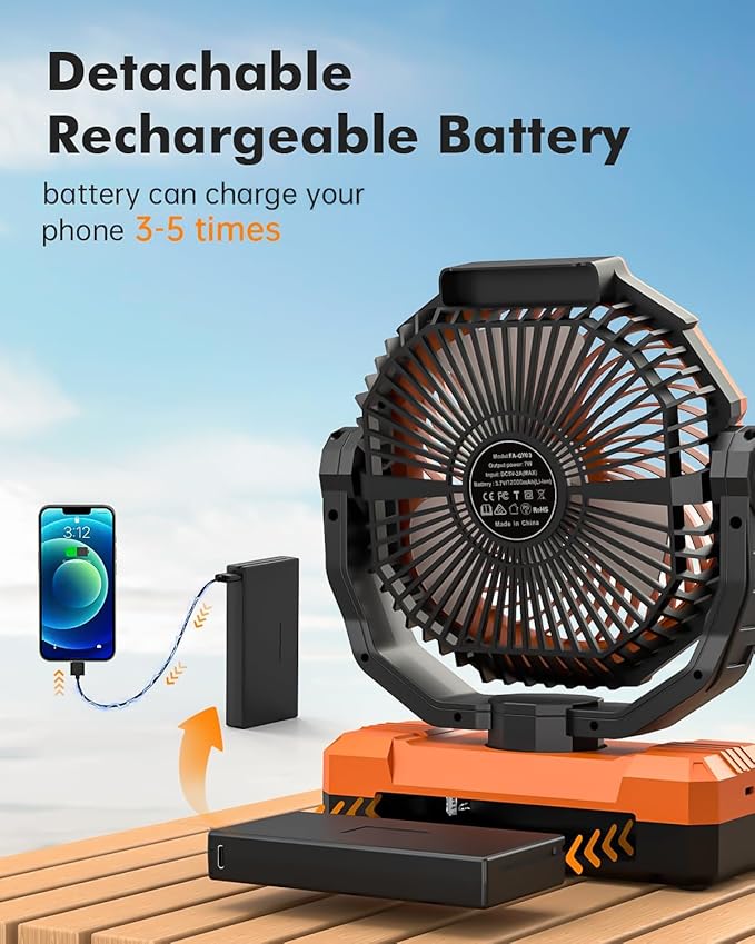 3-in-1 Camping Fan - Detachable Rechargeable Battery Operated Fan with Light & Hook for Tent, Outdoor - USB Table Fan with 4 Speeds for Picnic, BBQ, Fishing, Travel, Hurricane