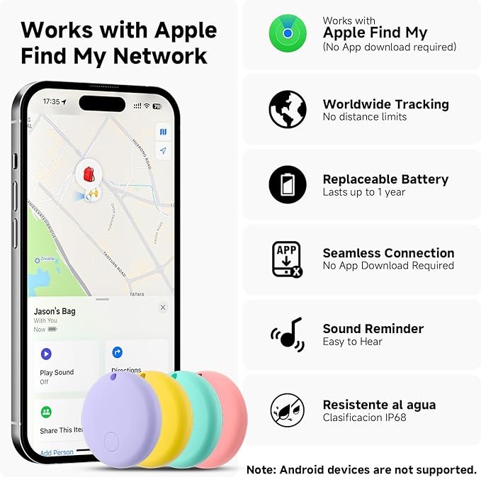 JTD Air Tracker Tags 4 Pack for Find My, 2026 Upgraded with IP68 Waterproof Item Finder with Left-Behind Alert, 4 Colors for Keys, Luggage, Backpack, Wallet. iOS Only.