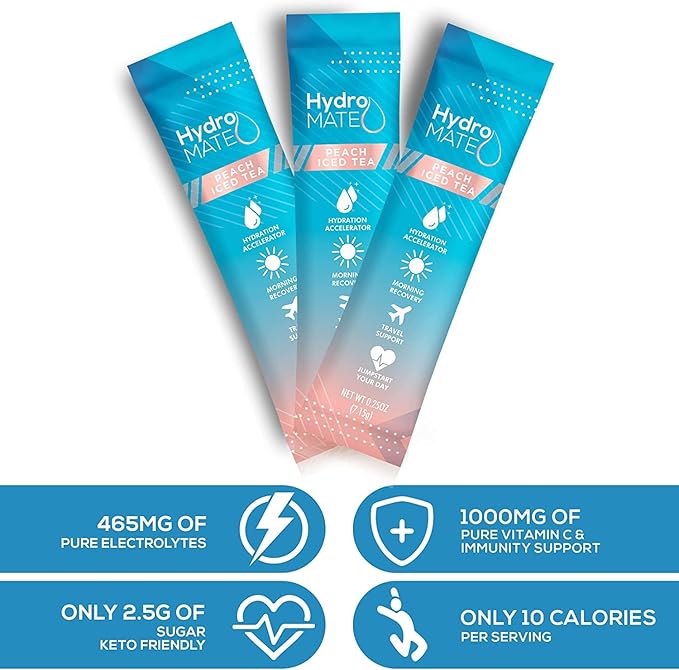 HydroMATE Electrolyte Powder Peach Tea Hydration Packets Low Sugar 30 Count