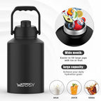 WATERSY Half Gallon Water Bottle Insulated(Cold for 48 Hrs),BPA Free&Leak Proof,64oz Stainless Steel Water Jug/Flask,Big thermo,Large Water Bottle with Handle for Gym,Hiking,Camping,Black