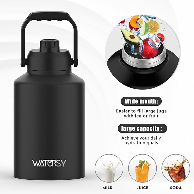 WATERSY Half Gallon Water Bottle Insulated(Cold for 48 Hrs),BPA Free&Leak Proof,64oz Stainless Steel Water Jug/Flask,Big thermo,Large Water Bottle with Handle for Gym,Hiking,Camping,Black