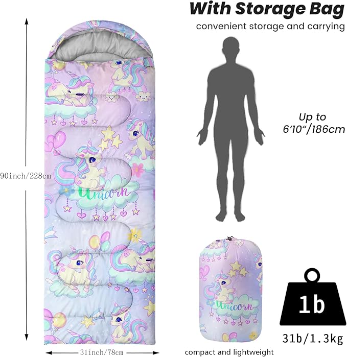 Sleeping Bags for Adults Youth Kids,3D Printing Camping Sleeping Bag for Girls Boys Lightweight Waterproof Cold/Warm Weather Sleeping Bag for 3 Seasons